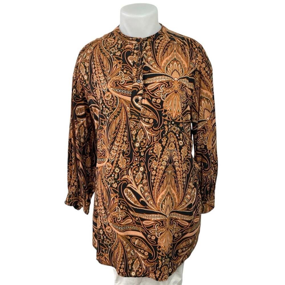 Richard Allen X H&M Women Black Brown Paisley Long Sleeve Button Tunic Blouse 14